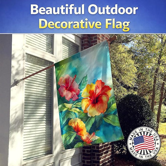 Caroline's Treasures Hawaii Hawaiian Hibiscus in Watercolor House Flag Large Porch Sleeve Pole Decorative Outside Yard Banner Artwork Wall Hanging, Polyester, House Size, Multicolor