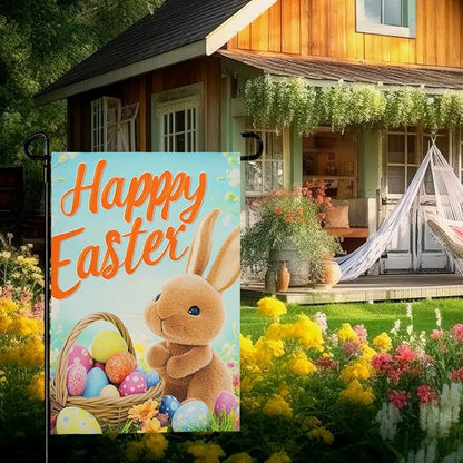Happy Easter Bunny Garden Flag 12x18 Inch Double Sided Rabbits Colorful Eggs Yard Flags Spring Floral Small Flags for Outside Graden Home Decorations