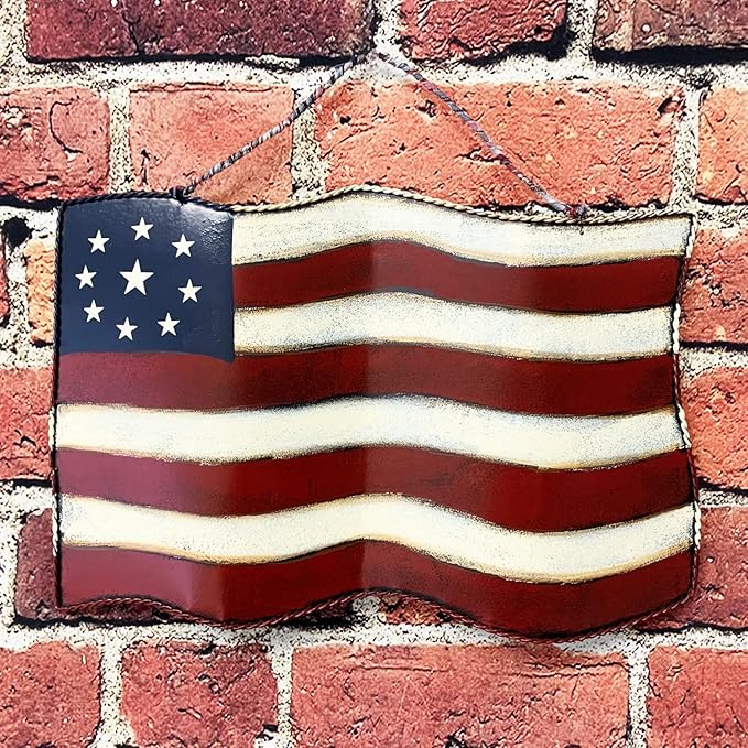 Metal American Flag Hanging Wall Art Indoor Outdoor Patriotic July 4th Ornament Patriotic Decorations 10''x14.8''(Large)