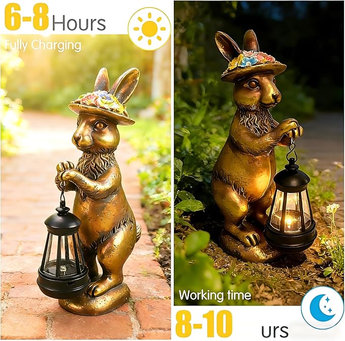 Garden Statue Solar Rabbit Outdoor - Easter Bunny Decor with Solar Powered Lantern,Patio, Lawn, Yard Ornaments, Waterproof Resin Figurines for Home, Birthday, Mother‘s Day Gift