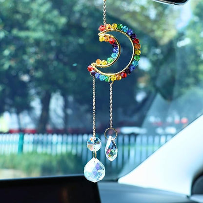 Moon Rear View Mirror Accessories, Crystal Bead Car Decor, Boho Witchy Suncatcher Healing, Car Charm Hanging Ornaments for Women Men