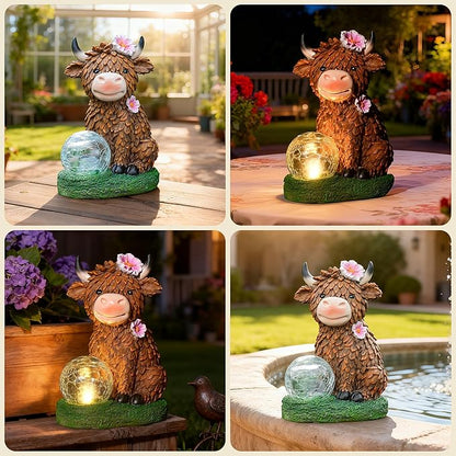 Garden Highland Cow Statue Solar Outdoor Decor with Glass Ball Highland Cow Decor Unique Gifts for Women Mom,Highland Cows Figurine for Yard Garden Patio Lawn Ornaments