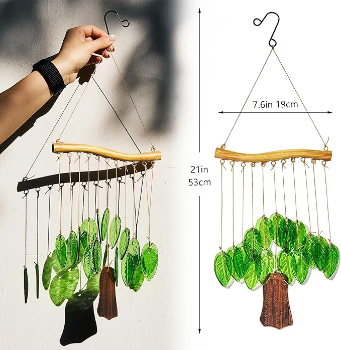 YU FENG Natural Green Leaf Glass Wind Chime, Handcrafted with Iron Wood-Look Hanging Bar, Metal Chime, Hanging Decor for Patio, Window & Garden