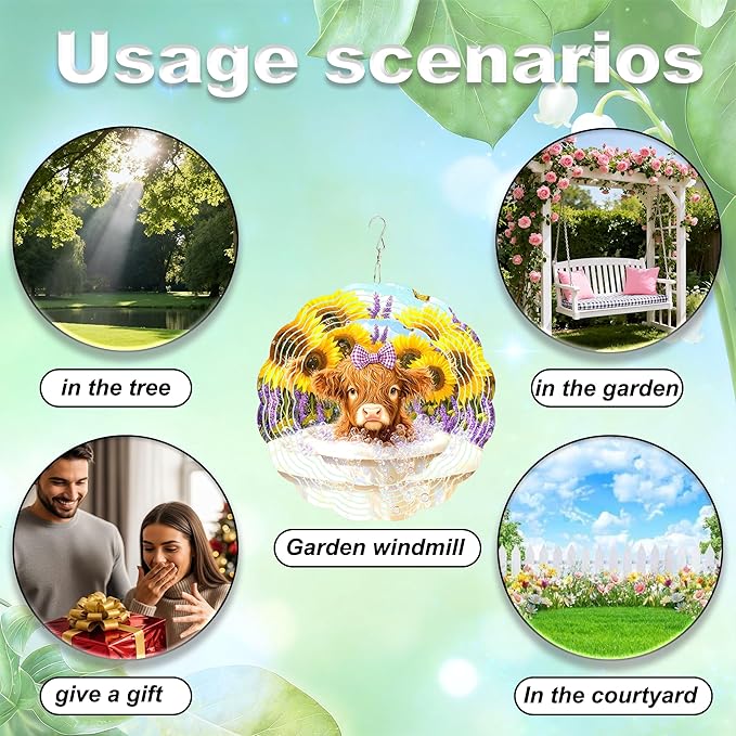 10x10 Inch Wind Spinner Outdoor Hanging Highland Cow Sunflower Lavender Metal Kinetic Spiral Ornament for Yard Garden Patio Porch Balcony Tree Window Decor Gift