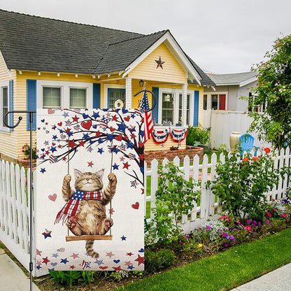 Heyfibro 4th Of July Patriotic Cute Cat Garden Flag 12x18 Double Sided Burlap, Heart Star Tree Pattern USA Flags Retro Yard Banner for Rustic Independence Day Outdoor Decor (ONLY FLAG)