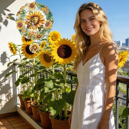 Rngmsi Wind Spinners Outdoor Garden Decor for Outside, 3D Metal Sunflower and Bee Wind Spinner Hanging Decor Kinetic Art for Yard, 12 in Stainless Steel Hanging Gifts for Women Housewarming