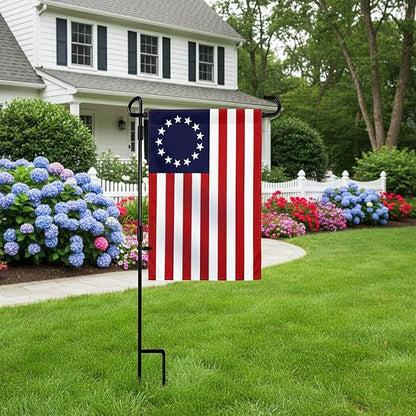 TOPFLAGS Garden Flag Stand with Betsy Ross Flag Garden Flags 12 x 18 Inch Metal 13 Star American Yard Flag Holder Pole Stake Small Flag Stands with Clips and Stopper
