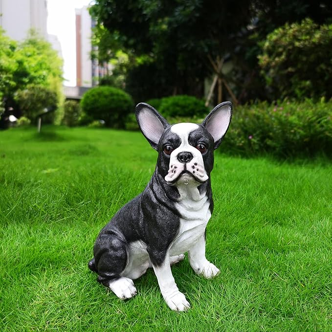 Boston Terrier Garden Statue with Solar Lantern & Welcome Sign, 17" Large Outdoor Dog Decor Yard Art Figurine, Funny Pet Memorial Gift for Patio Lawn Porch Housewarming