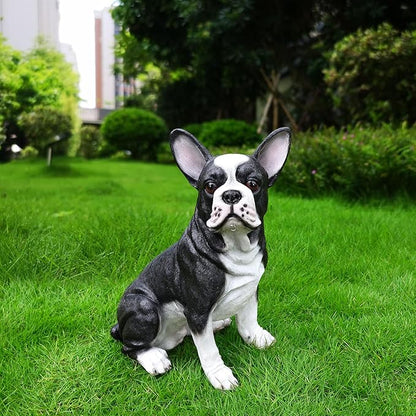 Boston Terrier Garden Statue with Solar Lantern & Welcome Sign, 17" Large Outdoor Dog Decor Yard Art Figurine, Funny Pet Memorial Gift for Patio Lawn Porch Housewarming