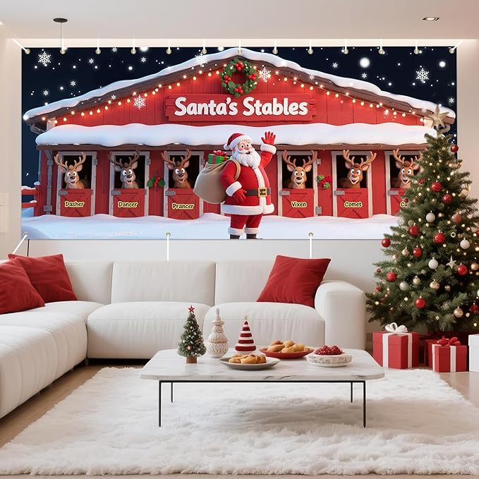 Christmas Decorations Garage Door Cover, 16 x 7 ft Santa's Stables Xmas Garage Door Banner Covering Mural Backdrop Background, Holiday Party Wall Decor Indoor Outdoor