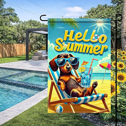 HOMETITUTE Hello Summer Garden Flag Dachshund Dog Flag 12x18 Inch Double Sided Summer Dachshund Garden Flag Sea Beach Seasonal Yard Flag for Outside Decoration Small Seasonal Decor for Farmhouse Holiday