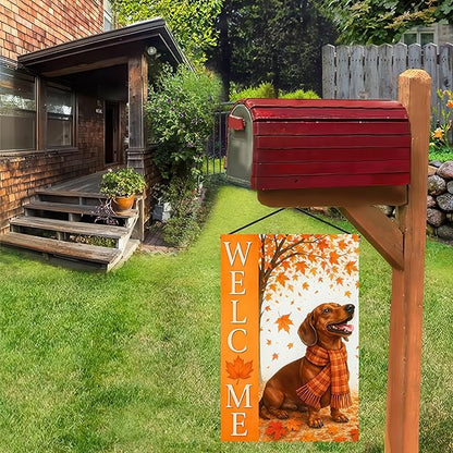 BlissYard Thanksgiving Fall Garden Flag 12x18 Inch Welcome Dachshund Outdoor Flag Double Sided Autumn Yard Banner with Dog and Maple Leaves for Porch Lawn Patio Seasonal Decor