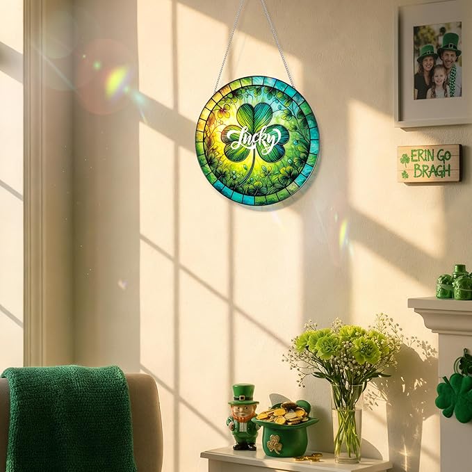 Shamrock Suncatcher Stained Glass Ornaments - 7.87 Inches St. Patrick's Day Clover Window Hanging Decoration, Irish Sun Catcher Home Art Decor for Festival, Gifts for Women Men (Lucky)