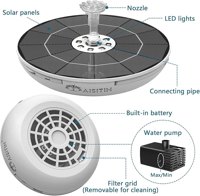 AISITIN 6.5W Solar Fountain for Bird Bath with 3000mAh Battery & Color Changing LED Light, 3 Anti-Drift Fixed Bracket & 8 Nozzles, Solar Water Fountain for Bird Bath, Garden, Pond, Patio, Courtyard