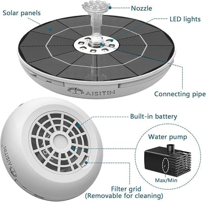 AISITIN 6.5W Solar Fountain for Bird Bath with 3000mAh Battery & Color Changing LED Light, 3 Anti-Drift Fixed Bracket & 8 Nozzles, Solar Water Fountain for Bird Bath, Garden, Pond, Patio, Courtyard