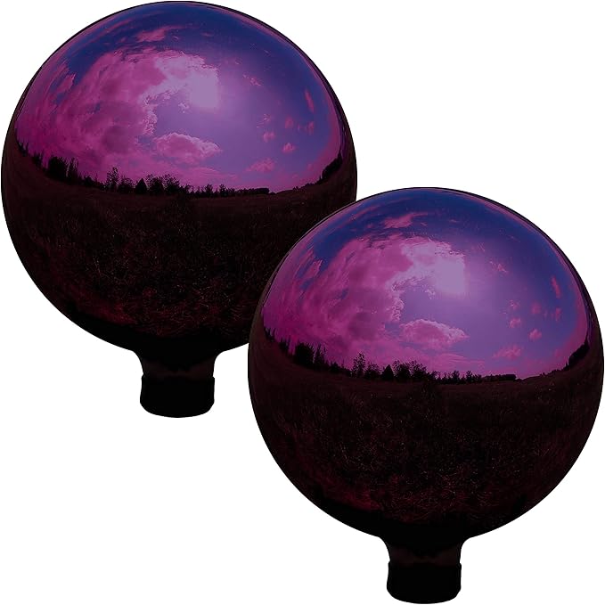 Sunnydaze 10-Inch Gazing Ball for Garden - Glass Gazing Globe with Mirrored Stainless Steel Finish - Merlot - Set of 2