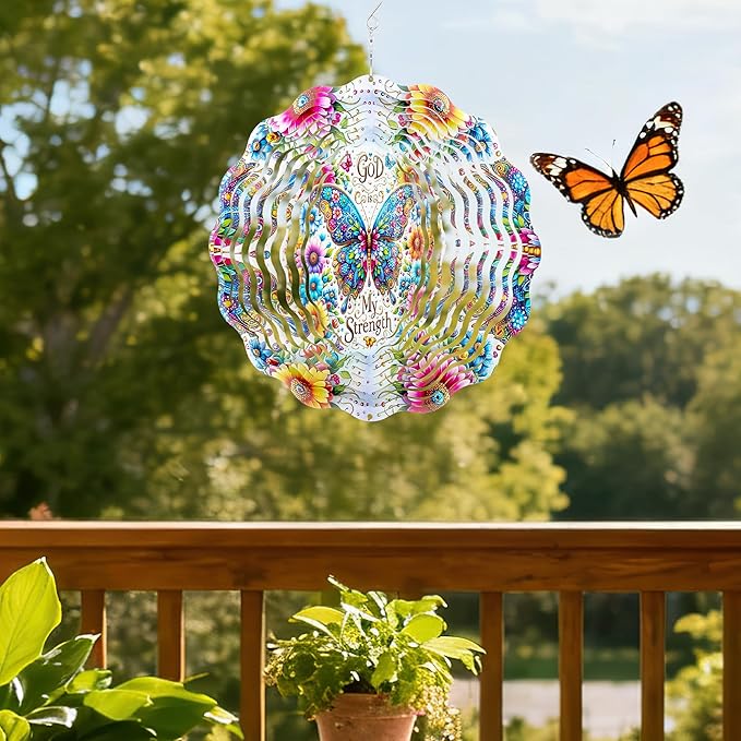 Metal Wind Spinners Outdoor - Butterfly Gifts 3D Stainless Steel Wind Spinner 12 Inch Flower Decor for Patio Lawn Garden Yard Hanging Kinetic Ornaments Gift for Women Mom Grandma Wife Friends
