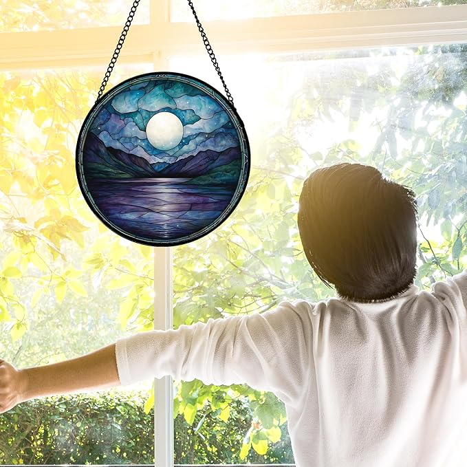 DASTOLL Stained Glass Window Hanging, Blue Night Moon Lake Sun Catchers Colorful Glass Panel Landscape Suncatcher Decor for Birthday for Women, Men, Wife, Aunt, and Mom 7.8 in