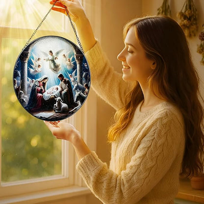 Stained Glass Window Hanging, LAOWEIKI 8'' Nativity Scene Suncatcher, Stained Glass Ornament, Nativity Scene Window Decor, Outdoor or Indoor, Christian Gifts, Religious Gifts for Women