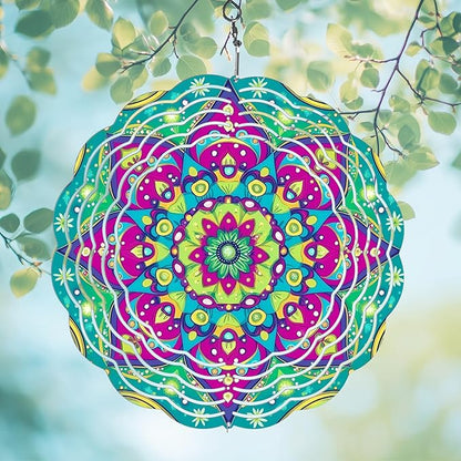 Multi Color Mandala Wind Spinners Outdoor, Hanging Wind Spinner for Garden Decoration, 8 inch 3D Stainless Steel Metal Wind Sculpture for Indoor/Outdoor Decor
