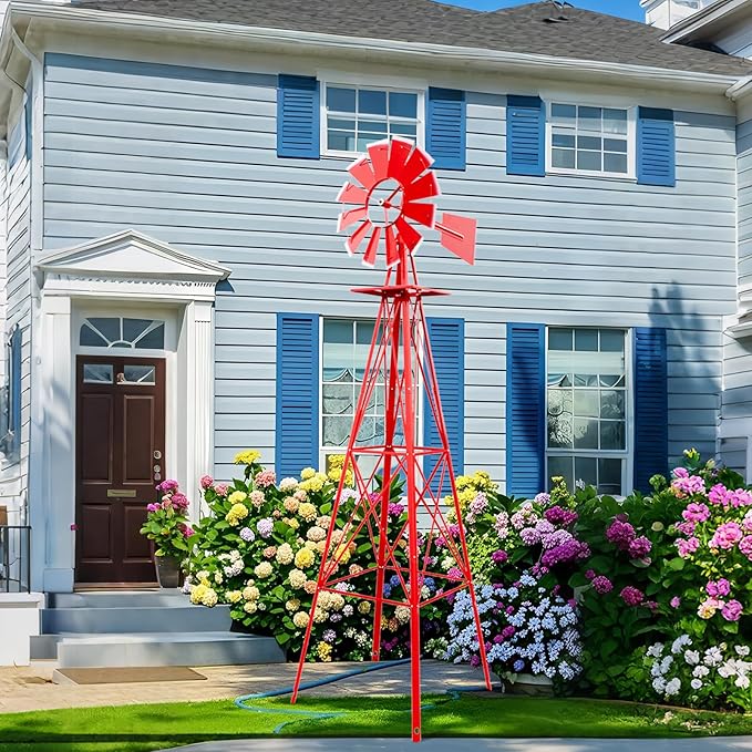 Outvita 8FT Ornamental Windmill, Heavy Duty Durable Metal Weather Vane Garden Decoration Weather Resistant for Garden, Yard, Farm, Seaside (8ft-red)