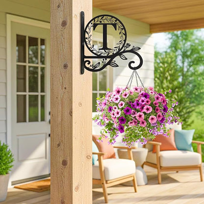 Personalized Initial Metal Plant Hanger Bracket, Decorative Wall Mount Hanging Plant Hook, Monogram Floral Leaf Garden Stake for Hanging Baskets Bird Feeders Lanterns Wind Chime (T)