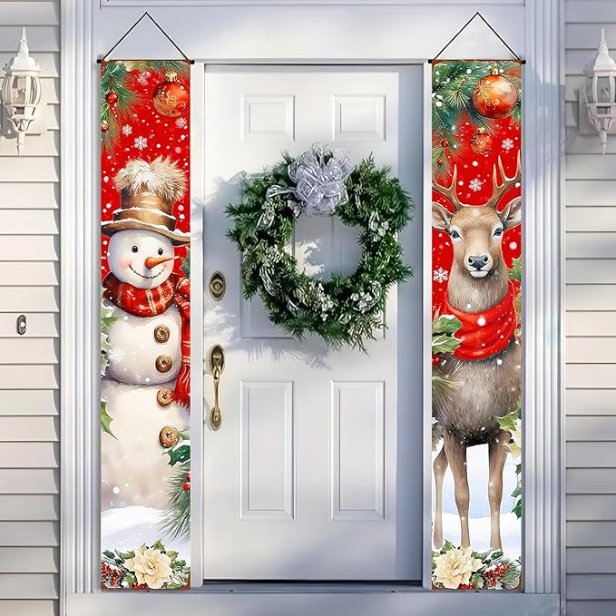 BlissYard Red Christmas Snowman and Reindeer Banners for Front Door Merry Christmas Door Banner Holiday Welcome Home Christma Decorations Xmas Porch Signs Winter Holiday Decor Elegant Porch Party Supplies 12x71 Inch