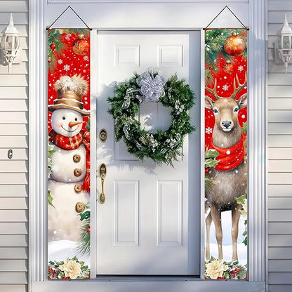 BlissYard Red Christmas Snowman and Reindeer Banners for Front Door Merry Christmas Door Banner Holiday Welcome Home Christma Decorations Xmas Porch Signs Winter Holiday Decor Elegant Porch Party Supplies 12x71 Inch