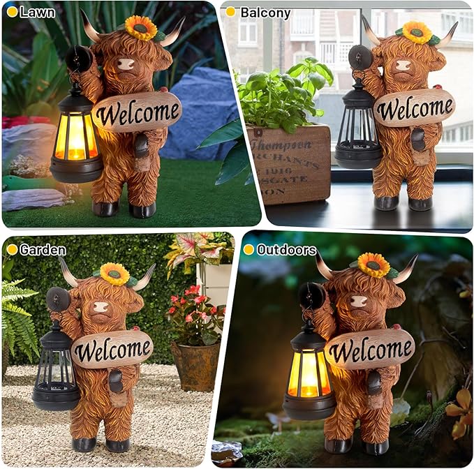 Garden Highland Cow Decor, Solar Outdoor Statue with Lantern Funny Highland Cow Figurine for Yard Garden Patio Lawn Ornaments - Unique Birthday Gifts for Mom, Women