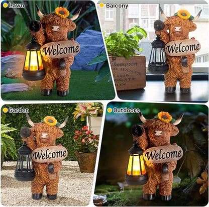 Garden Highland Cow Decor, Solar Outdoor Statue with Lantern Funny Highland Cow Figurine for Yard Garden Patio Lawn Ornaments - Unique Birthday Gifts for Mom, Women