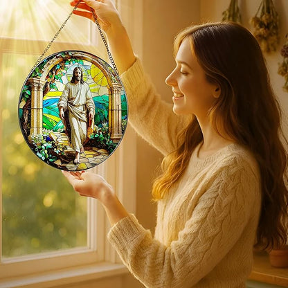 Stained Glass Suncatcher, Christian Sun Catcher Ornament; Stained Glass Window Hanging, Christmas Ornament, Religious Home Decor; Christian Gifts, Religious Gifts, Jesus Gift for Easter or Christmas