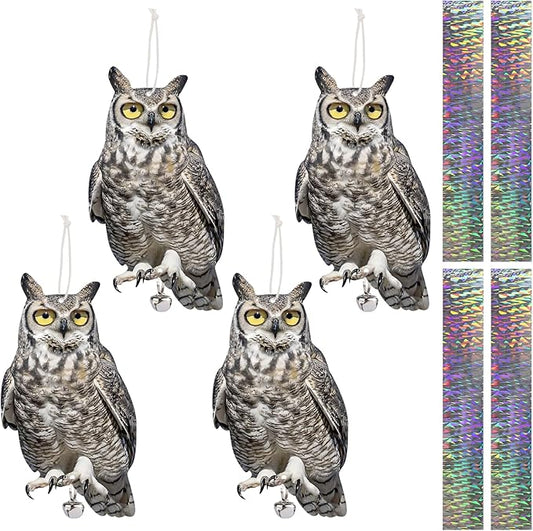 4PCS Reflective Plastic Owl Hanging Decoration Dual-Side Printed Raster Fake Eagle Garden Owl with Scare Tape for Garden Patio Windows