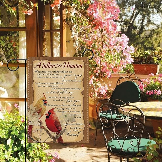 Dyrenson Memorial Cardinal A Letter From Heaven Decorative Garden Flag, Vintage Red Birds Dogwood Flower Cemetery Yard Outside Home Decoration, Retro Burlap Outdoor Small Decor Double Sided 12 x 18