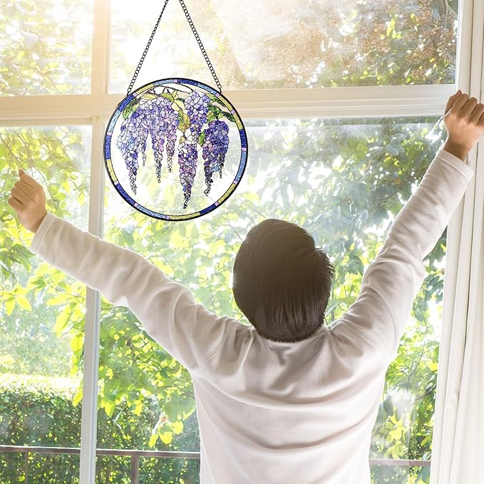 Stained Glass Suncatchers Window Hanging, Wisteria Flower Sun Catchers Indoor Window Stained Glass Hanging Garden Decor, Birthday Gifts for Mom Grandma Aunt Sister Bestie 7.8 in