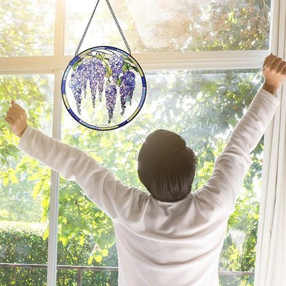 Stained Glass Suncatchers Window Hanging, Wisteria Flower Sun Catchers Indoor Window Stained Glass Hanging Garden Decor, Birthday Gifts for Mom Grandma Aunt Sister Bestie 7.8 in