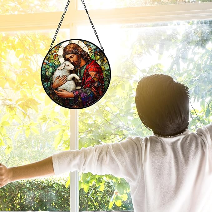 DASTOLL Stained Glass Window Hanging, Jesus Little Lamb Sun Catchers Colorful Glass Panel Christianity Suncatcher Decor for Birthday for Women, Men, Wife, Aunt, and Mom 6.3 in