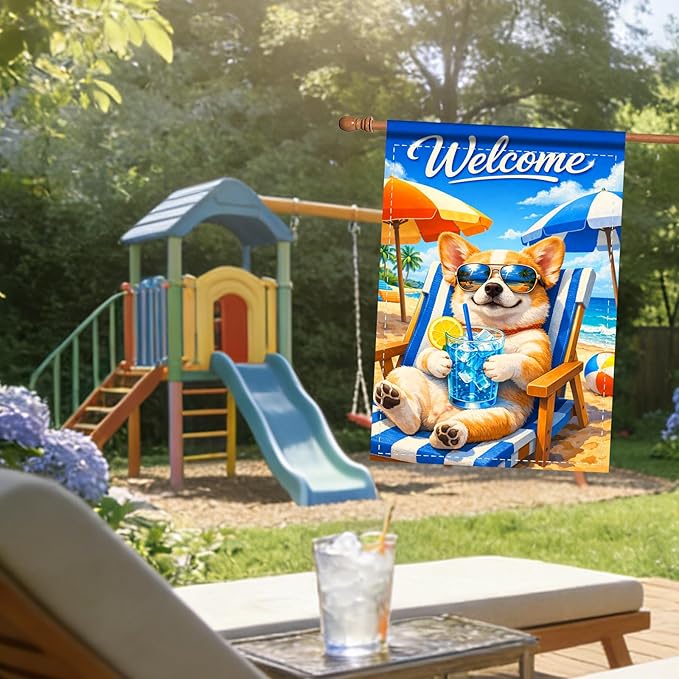 Nuxovilar Large Summer Garden Flag Welcome Dog Sunglasses Beach Chair Pattern Polyester 28 * 40 Inches Garden Flags for Outside Coastal Decor Yard Porch Patio