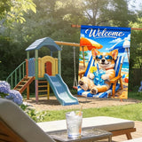 Nuxovilar Large Summer Garden Flag Welcome Dog Sunglasses Beach Chair Pattern Polyester 28 * 40 Inches Garden Flags for Outside Coastal Decor Yard Porch Patio