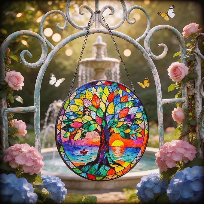 Stained Glass Tree of Life Suncatcher, Handmade Rainbow Maker Window Hanging for Garden or Home – Memorial & Sympathy Gifts, Remembrance Gift for Women Mom Family, Whimsical Decor (Colorful, Medium)