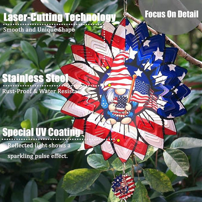 Sunflower American Flag Gnome Patriotic Wind Spinners Outdoor for Yard and Garden,12 Inch 3D Stainless Steel Metal Hanging Kinetic Wind Sculpture, Independence Day Decor Indoor Art