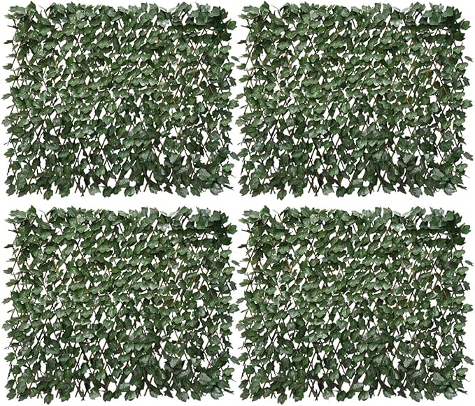 LANDGARDEN Artificial Leaf Faux Ivy Expandable/Stretchable Fence Privacy Screen (Single Sided Leaves) (4, Dark Green)