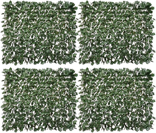 LANDGARDEN Artificial Leaf Faux Ivy Expandable/Stretchable Fence Privacy Screen (Single Sided Leaves) (4, Dark Green)