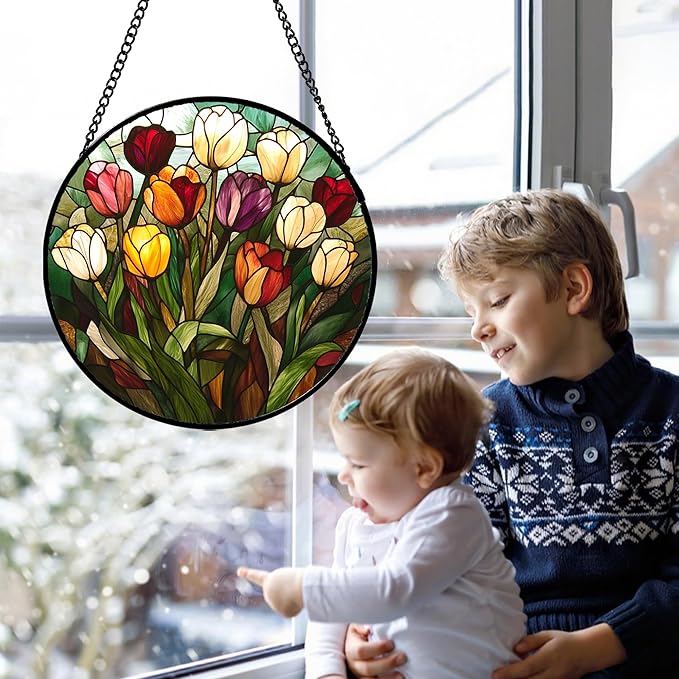 Stained Glass Window Hanging Colorful Tulip 6.3" - Flower Suncatcher Door Garden Sun Catcher Home Plant Decor Birthday Mother's Day for Mom Woman Friend Nana Colleague