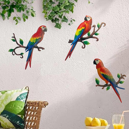 Limygus Metal Parrot Wall Art Decor, 3 Pack Colorful Tropical Bird Decorations, Hanging Outdoor Fence Artwork for Garden Yard Living Room Bedroom Balcony