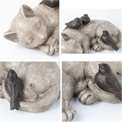Sleeping Cat Garden Statues Outdoor - 12" Sparrows On Cat Figurine Memorial Statue Grave Markers Garden Resin Statues for Outdoor Decor Outdoor Statue Resin 12" x 8" x 4.5"