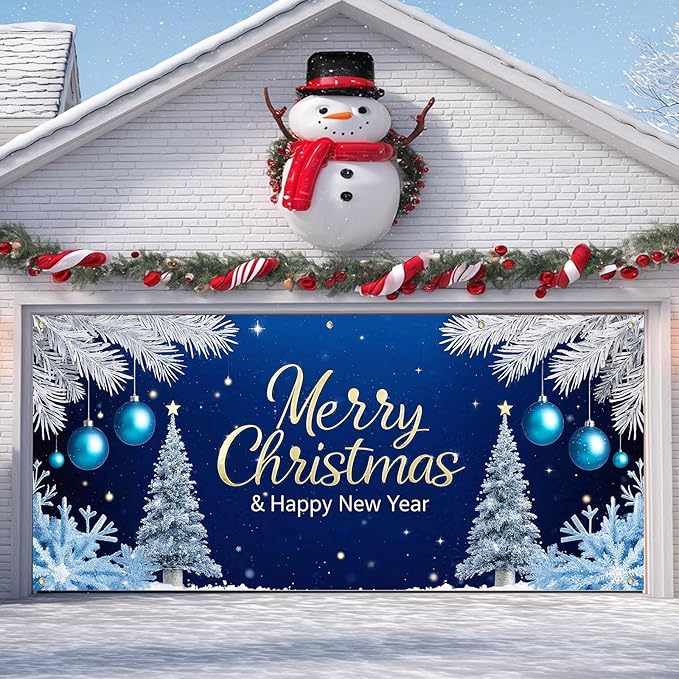 IVN Christmas Garage Door Cover Decoration 13x6ft Snowy Night Trees with Ornaments Blue Holiday Christmas Garage Door Banner Home Door Front Yard Decor for Xmas Eve Holiday Outdoor