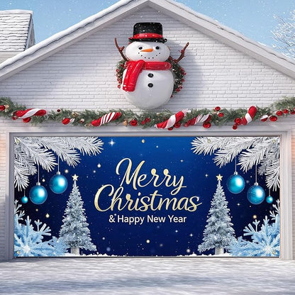 IVN Christmas Garage Door Cover Decoration 13x6ft Snowy Night Trees with Ornaments Blue Holiday Christmas Garage Door Banner Home Door Front Yard Decor for Xmas Eve Holiday Outdoor
