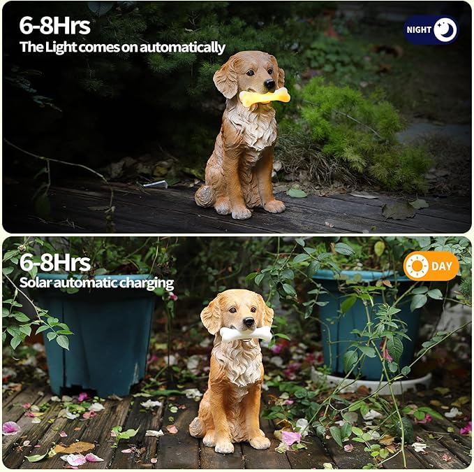 13.6" Solar Golden Retriever Garden Statue with Bone Light, Resin Sitting Dog Outdoor Decor, Waterproof Solar Powered Animal Statue for Yard, Lawn, Garden