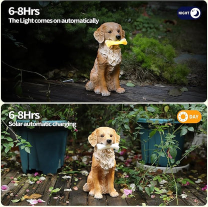 13.6" Solar Golden Retriever Garden Statue with Bone Light, Resin Sitting Dog Outdoor Decor, Waterproof Solar Powered Animal Statue for Yard, Lawn, Garden