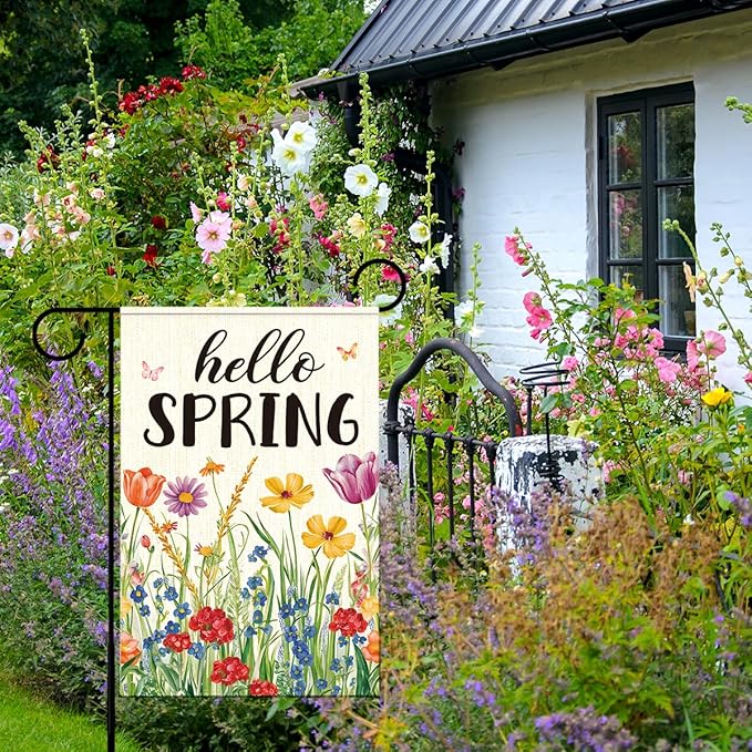 Hello Spring Garden Flag for Outside,Spring Wildflower Garden Flag Yard Lawn Porch Flags for Outdoor Decorations 12x18 Inch Double Sided
